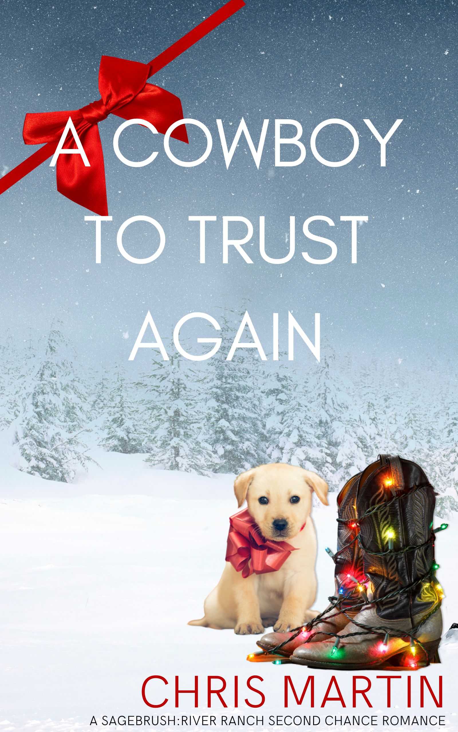 A Cowboy to Trust Again by Chris Martin, small dog and cowboy boots decorated with Christmas Lights sits amidst a snowy background